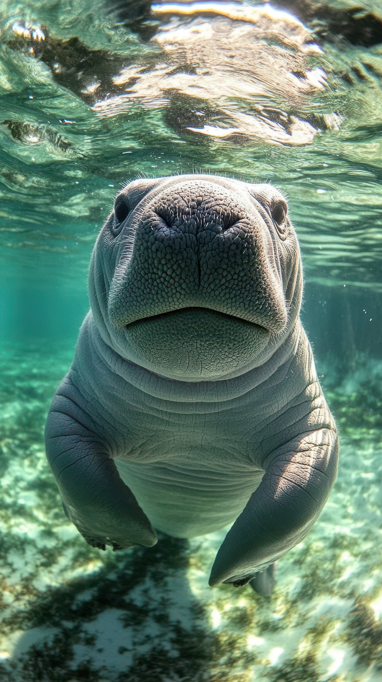 Manatee swims gracefully beneath the crystal-clear water in a natural habitat setting
